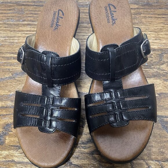 Clarks Black Bendables‎ Slip On Sandals 6M Open Back Leather Upper - Picture 7 of 11